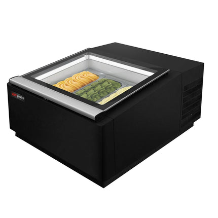 GGM Gastro Countertop Ice Cream Display Freezer - 670mm - Static cooling - for 3 x 5 litres Napoli pans - Black - hinged glass lid