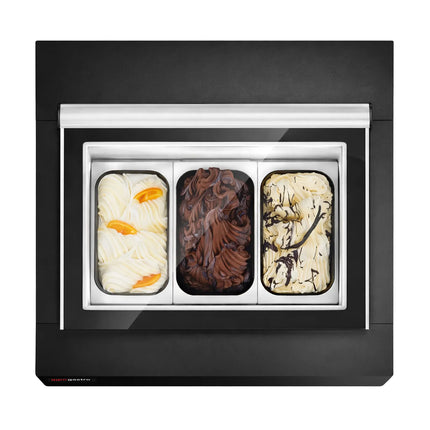 GGM Gastro Countertop Ice Cream Display Freezer - 670mm - Static cooling - for 3 x 5 litres Napoli pans - Black - hinged glass lid