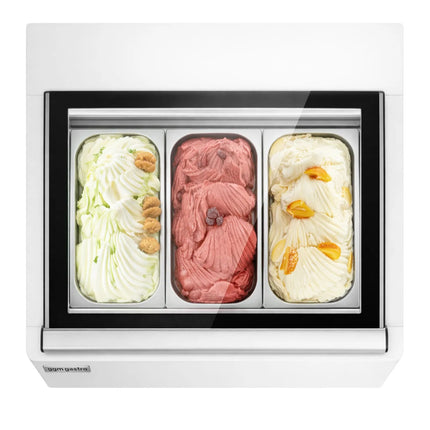 GGM Gastro Countertop Ice Cream Display Freezer - 670mm - Static cooling - for 3 x 5 litres Napoli pans - White - hinged glass lid