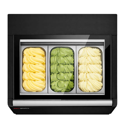 GGM Gastro Countertop Ice Cream Display Freezer - 670mm - Static cooling - for 3 x 5 litres Napoli pans - Black - hinged glass lid
