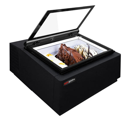 GGM Gastro Countertop Ice Cream Display Freezer - 670mm - Static cooling - for 3 x 5 litres Napoli pans - Black - hinged glass lid