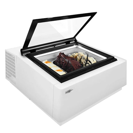 GGM Gastro Countertop Ice Cream Display Freezer - 670mm - Static cooling - for 3 x 5 litres Napoli pans - White - hinged glass lid