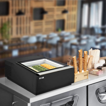 GGM Gastro Countertop Ice Cream Display Freezer - 670mm - Static cooling - for 3 x 5 litres Napoli pans - Black - hinged glass lid