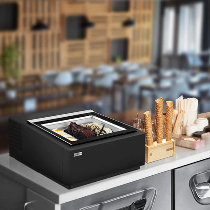 GGM Gastro Countertop Ice Cream Display Freezer - 670mm - Static cooling - for 3 x 5 litres Napoli pans - Black - hinged glass lid