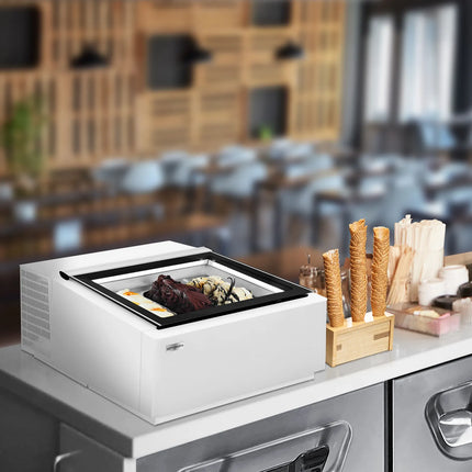 GGM Gastro Countertop Ice Cream Display Freezer - 670mm - Static cooling - for 3 x 5 litres Napoli pans - White - hinged glass lid