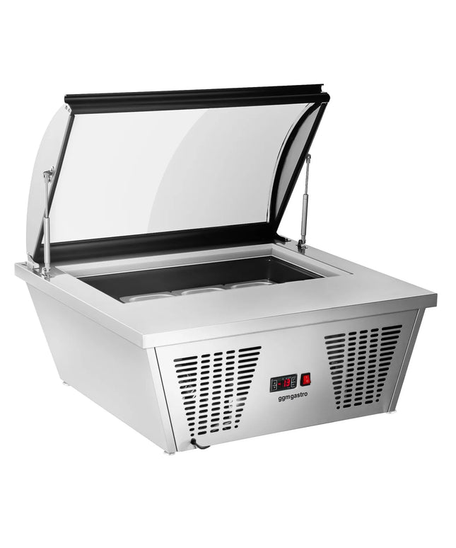 GGM Gastro Countertop Ice Cream Display Freezer - 867mm - Static cooling - with LED lighting - for 4 x 5 litres Napoli pans - hinged glass lid