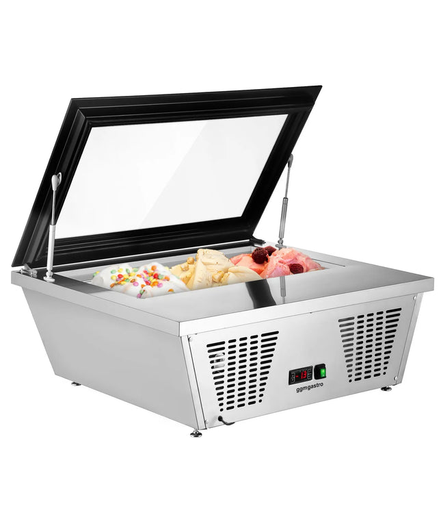 GGM Gastro Countertop Ice Cream Display Freezer - 867mm - Static cooling - with LED lighting - for 4 x 5 litres Napoli pans - hinged glass lid