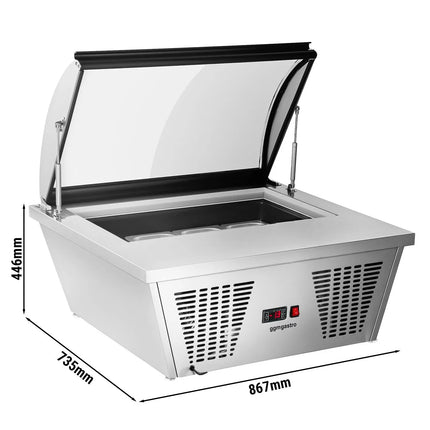 GGM Gastro Countertop Ice Cream Display Freezer - 867mm - Static cooling - with LED lighting - for 4 x 5 litres Napoli pans - hinged glass lid