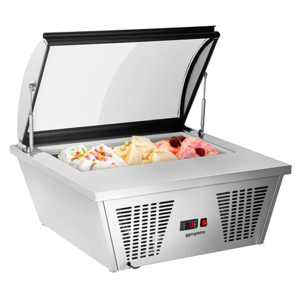 GGM Gastro Countertop Ice Cream Display Freezer - 867mm - Static cooling - with LED lighting - for 4 x 5 litres Napoli pans - hinged glass lid