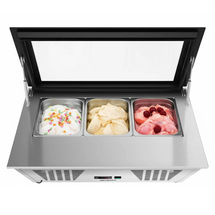 GGM Gastro Countertop Ice Cream Display Freezer - 867mm - Static cooling - with LED lighting - for 4 x 5 litres Napoli pans - hinged glass lid