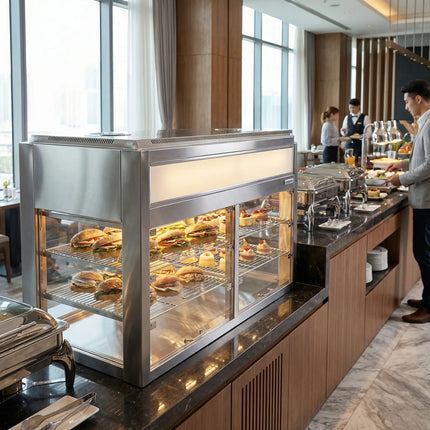 GGM Gastro Countertop refrigerated display case Self-Service - 350L - 1400mm - Double glazing - square - with 2 shelves - rear sliding doors