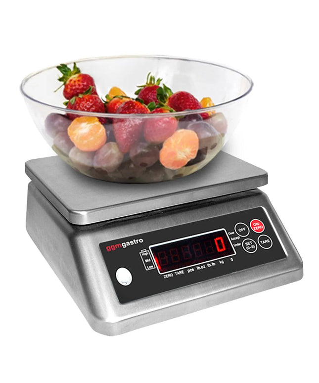 GGM Gastro Digital Kitchen Scale - Capacity: 6kg - Graduation: 2g - Platform: 225x190mm - IP67 Waterproof - Dual Display