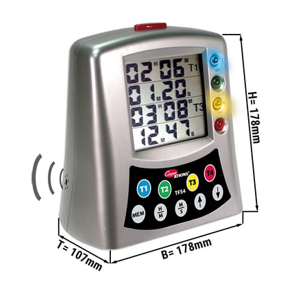 GGM Gastro Digital Timer – 4-channel programmable - 4 alarm tones - large LED display - food-safe - CE marked