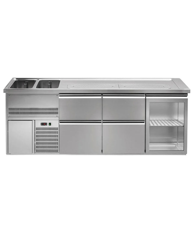 GGM Gastro Direct Draw Beer Dispenser / Kegerator 1 Glass Door + 4 Drawers PREMIUM – 2 sinks left - 2500×700 mm - 3 drip trays