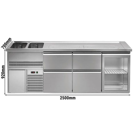 GGM Gastro Direct Draw Beer Dispenser / Kegerator 1 Glass Door + 4 Drawers PREMIUM – 2 sinks left - 2500×700 mm - 3 drip trays