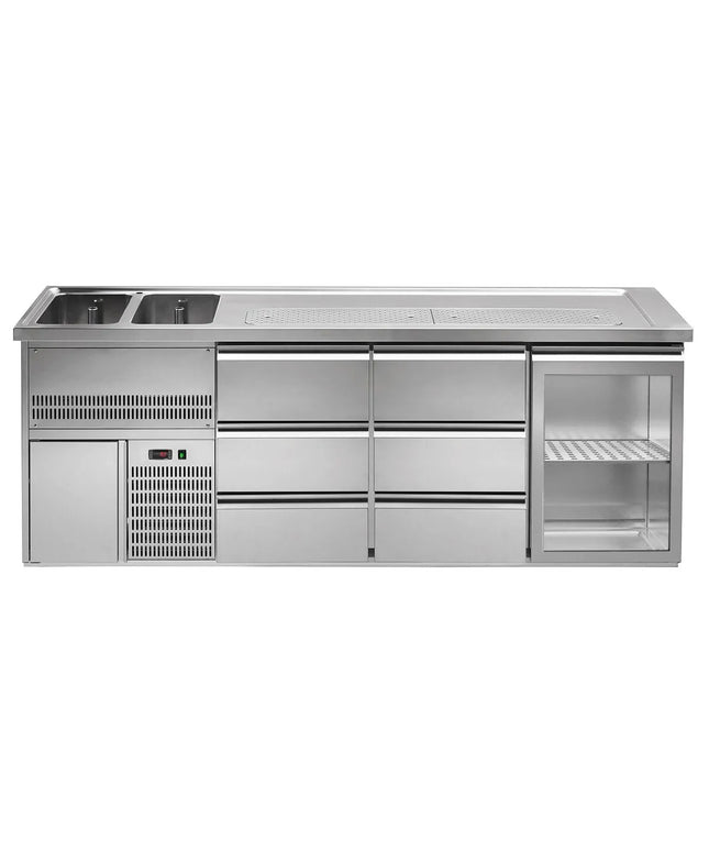 GGM Gastro Direct Draw Beer Dispenser / Kegerator 1 Glass Door + 6 Drawers PREMIUM – 2 sinks left - 2500×700 mm - 3 drip trays