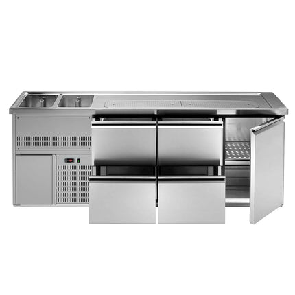 GGM Gastro Direct Draw Beer Dispenser / Kegerator 1 Stainless Door + 4 Drawers PREMIUM – 2 sinks left - 2500×700 mm - 3 drip trays