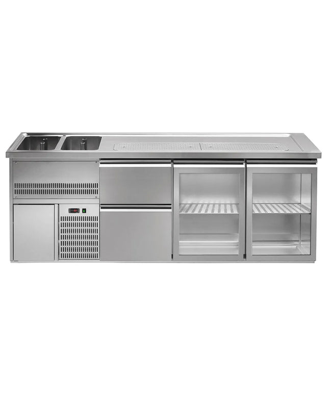 GGM Gastro Direct Draw Beer Dispenser / Kegerator 2 Glass Doors + 2 Drawers PREMIUM – 2 sinks left - 2500×700 mm - 3 drip trays