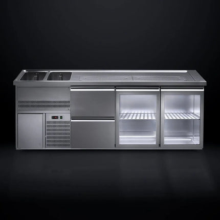 GGM Gastro Direct Draw Beer Dispenser / Kegerator 2 Glass Doors + 2 Drawers PREMIUM – 2 sinks left - 2500×700 mm - 3 drip trays