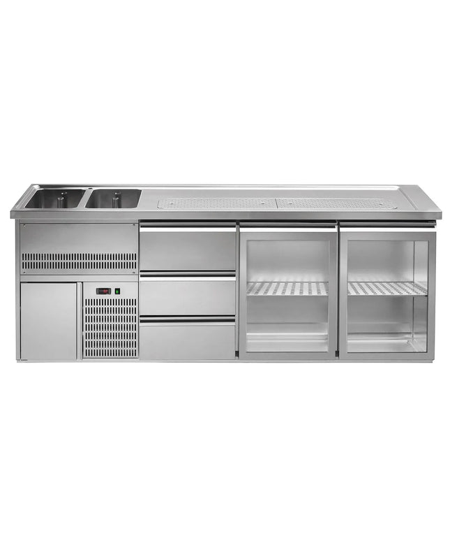 GGM Gastro Direct Draw Beer Dispenser / Kegerator 2 Glass Doors + 3 Drawers PREMIUM – 2 sinks left - 2500×700 mm - 3 drip trays