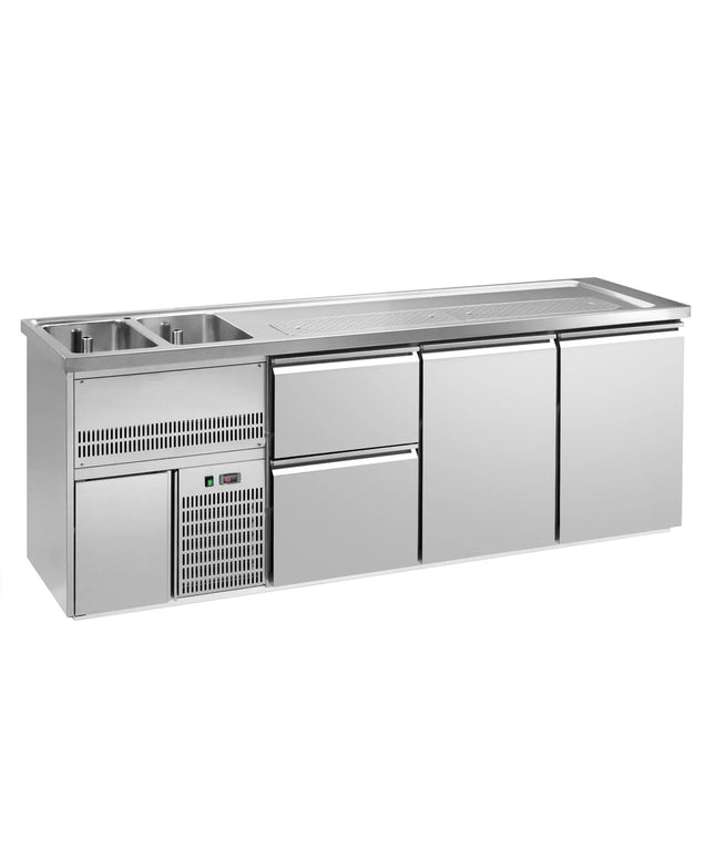 GGM Gastro Direct Draw Beer Dispenser / Kegerator 2 Stainless Doors + 2 Drawers PREMIUM – 2 sinks left - 2500×700 mm - 3 drip trays