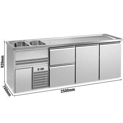 GGM Gastro Direct Draw Beer Dispenser / Kegerator 2 Stainless Doors + 2 Drawers PREMIUM – 2 sinks left - 2500×700 mm - 3 drip trays