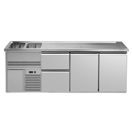 GGM Gastro Direct Draw Beer Dispenser / Kegerator 2 Stainless Doors + 2 Drawers PREMIUM – 2 sinks left - 2500×700 mm - 3 drip trays