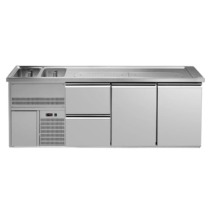 GGM Gastro Direct Draw Beer Dispenser / Kegerator 2 Stainless Doors + 2 Drawers PREMIUM – 2 sinks left - 2500×700 mm - 3 drip trays