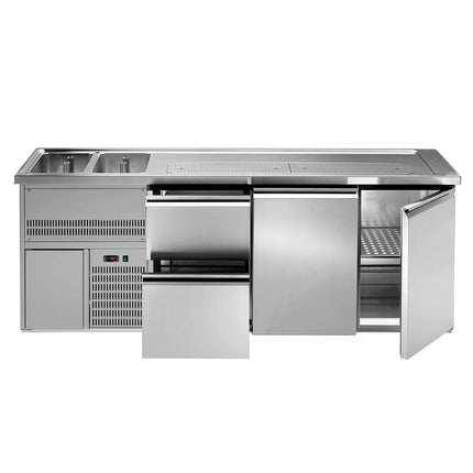 GGM Gastro Direct Draw Beer Dispenser / Kegerator 2 Stainless Doors + 2 Drawers PREMIUM – 2 sinks left - 2500×700 mm - 3 drip trays