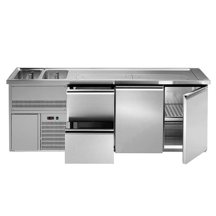 GGM Gastro Direct Draw Beer Dispenser / Kegerator 2 Stainless Doors + 2 Drawers PREMIUM – 2 sinks left - 2500×700 mm - 3 drip trays