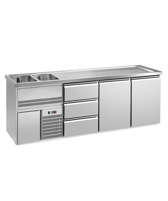 GGM Gastro Direct Draw Beer Dispenser / Kegerator 2 Stainless Doors + 3 Drawers PREMIUM – 2 sinks left - 2500×700 mm - 3 drip trays