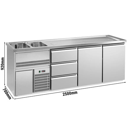 GGM Gastro Direct Draw Beer Dispenser / Kegerator 2 Stainless Doors + 3 Drawers PREMIUM – 2 sinks left - 2500×700 mm - 3 drip trays