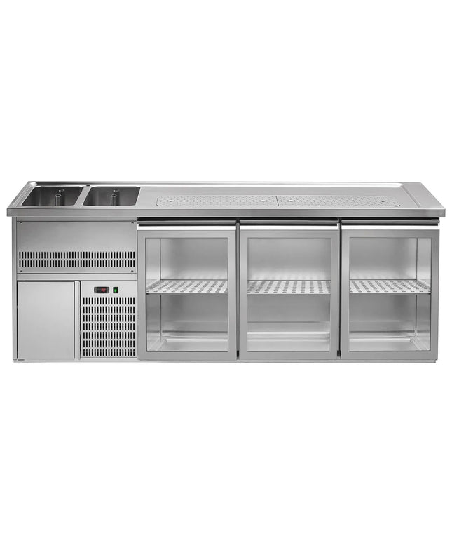 GGM Gastro Direct Draw Beer Dispenser / Kegerator 3 Glass Doors PREMIUM – 1 sink left - 2500×700 mm - 3 drip trays