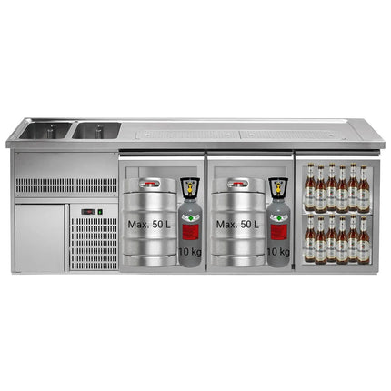 GGM Gastro Direct Draw Beer Dispenser / Kegerator 3 Glass Doors PREMIUM – 1 sink left - 2500×700 mm - 3 drip trays