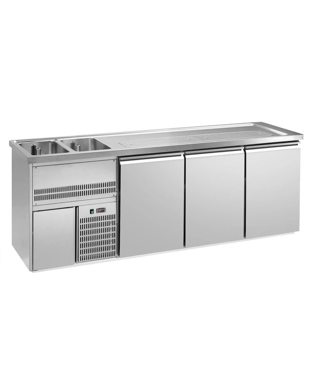 GGM Gastro Direct Draw Beer Dispenser / Kegerator 3 Stainless Doors PREMIUM – 2 sinks left - 2500×700 mm - 3 drip trays