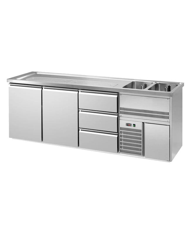 GGM Gastro Direct Draw Beer Dispenser / Kegerator PREMIUM – 2-Door – 2 Right Sinks, 3 Cooled Drawers – 2500×700 mm