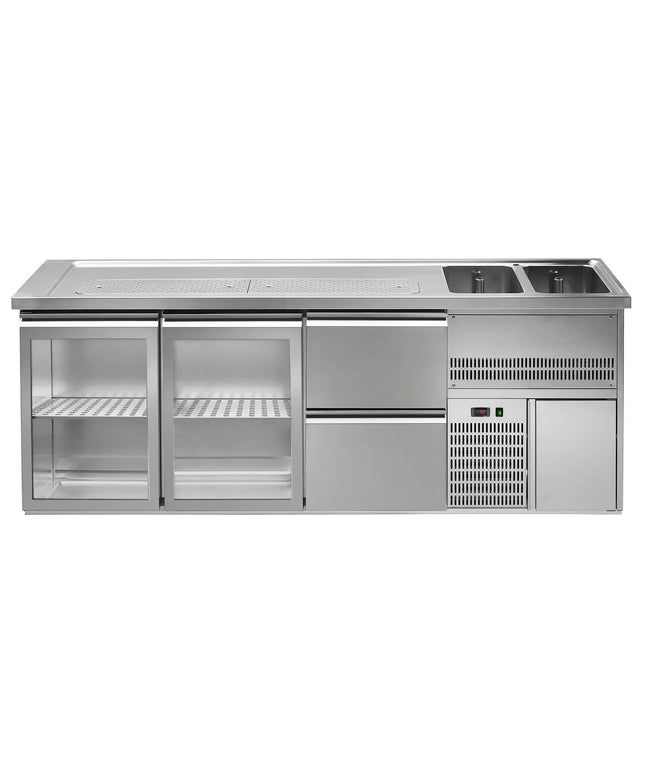 GGM Gastro Direct Draw Beer Dispenser / Kegerator PREMIUM – Glass Doors – Right 2-Sink – 2500×700 mm – 2 Cooled Drawers