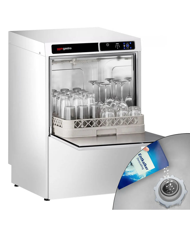 GGM Gastro Double-skinned Undercounter Commercial Dishwasher - 500mm Basket - Touch Controls - 3.6kW - with Integrated Water Softener - with Drain, Rinse Aid & Detergent Pumps