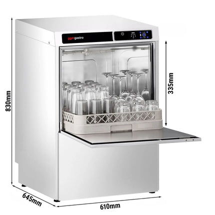 GGM Gastro Double-skinned Undercounter Commercial Dishwasher - 500mm Basket - Touch Controls - 3.6kW - with Integrated Water Softener - with Drain, Rinse Aid & Detergent Pumps