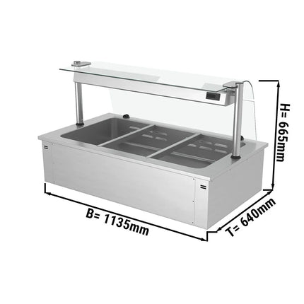 GGM Gastro Drop-in Bain Marie - 1135mm - 3x GN 1/1 - 150mm deep - Wet Heat - 2,19 kW - with Glass Sneeze Guard