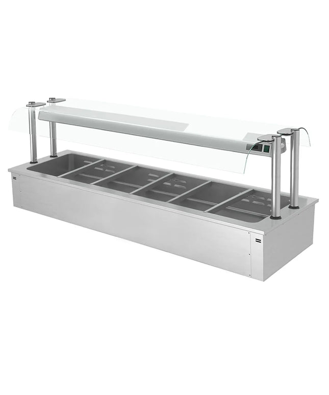 GGM Gastro Drop-in Bain Marie - 2100mm - 6x GN 1/1 - 200mm deep - Wet Heat - 4,83 kW - with Glass Sneeze Guard
