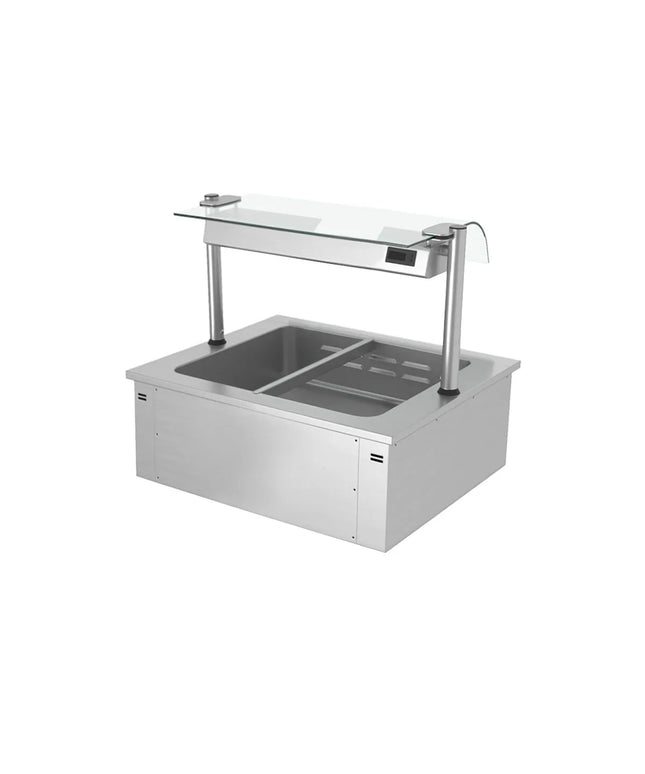 GGM Gastro Drop-in Bain Marie - 800mm - 2x GN 1/1 - 200mm deep - Wet Heat - 1,46 kW - with Glass Sneeze Guard