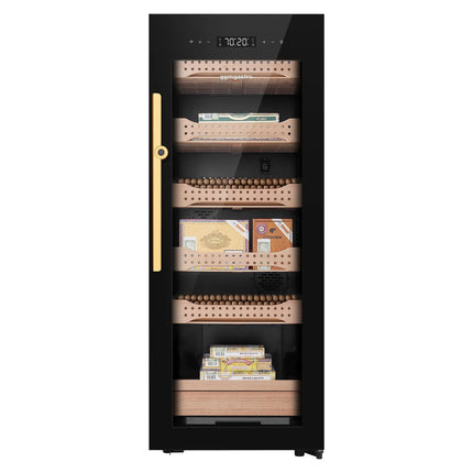 GGM Gastro Electric Cigar Humidor Cabinet - with Biometric Fingerprint Lock & WiFi & Bluetooth App Control - 200L - up to 1200 cigars - 6 cedar drawers - LED lighting - double-glazed glass - touch-control display - constant humidity & temperature control