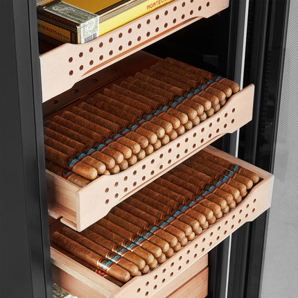 GGM Gastro Electric Cigar Humidor Cabinet - with Biometric Fingerprint Lock & WiFi & Bluetooth App Control - 200L - up to 1200 cigars - 6 cedar drawers - LED lighting - double-glazed glass - touch-control display - constant humidity & temperature control