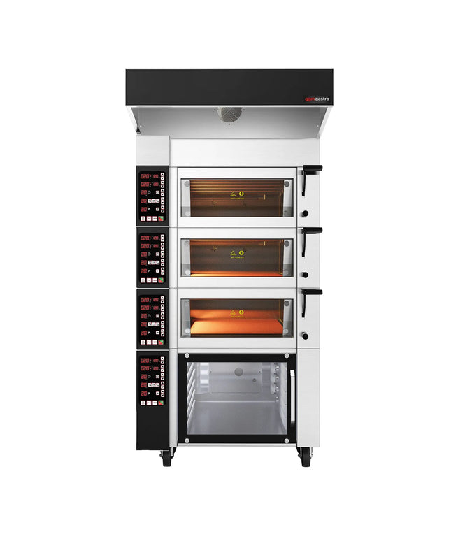 GGM Gastro Electric Commercial Bakery Deck Oven with Steam Injection - Digital Controls - 3 Baking Chambers - 2x 600x400mm (EN 60x40) or 600x800mm - with Prover Cabinet & Hood