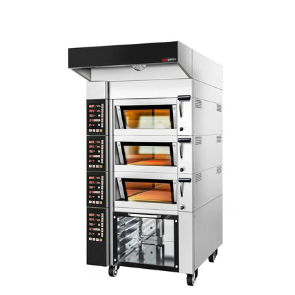 GGM Gastro Electric Commercial Bakery Deck Oven with Steam Injection - Digital Controls - 3 Baking Chambers - 2x 600x400mm (EN 60x40) or 600x800mm - with Prover Cabinet & Hood