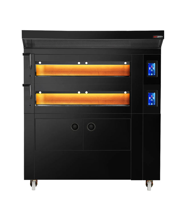 GGM Gastro Electric Commercial Bakery Deck Oven with Steam Injection - Touchscreen Controls - 2 Baking Chambers - Black - with Prover Cabinet & with Hood