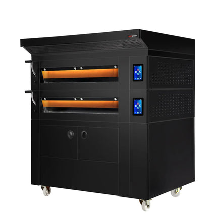 GGM Gastro Electric Commercial Bakery Deck Oven with Steam Injection - Touchscreen Controls - 2 Baking Chambers - Black - with Prover Cabinet & with Hood