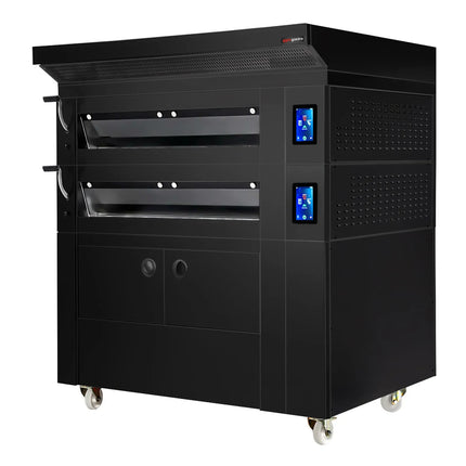 GGM Gastro Electric Commercial Bakery Deck Oven with Steam Injection - Touchscreen Controls - 2 Baking Chambers - Black - with Prover Cabinet & with Hood