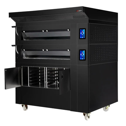 GGM Gastro Electric Commercial Bakery Deck Oven with Steam Injection - Touchscreen Controls - 2 Baking Chambers - Black - with Prover Cabinet & with Hood